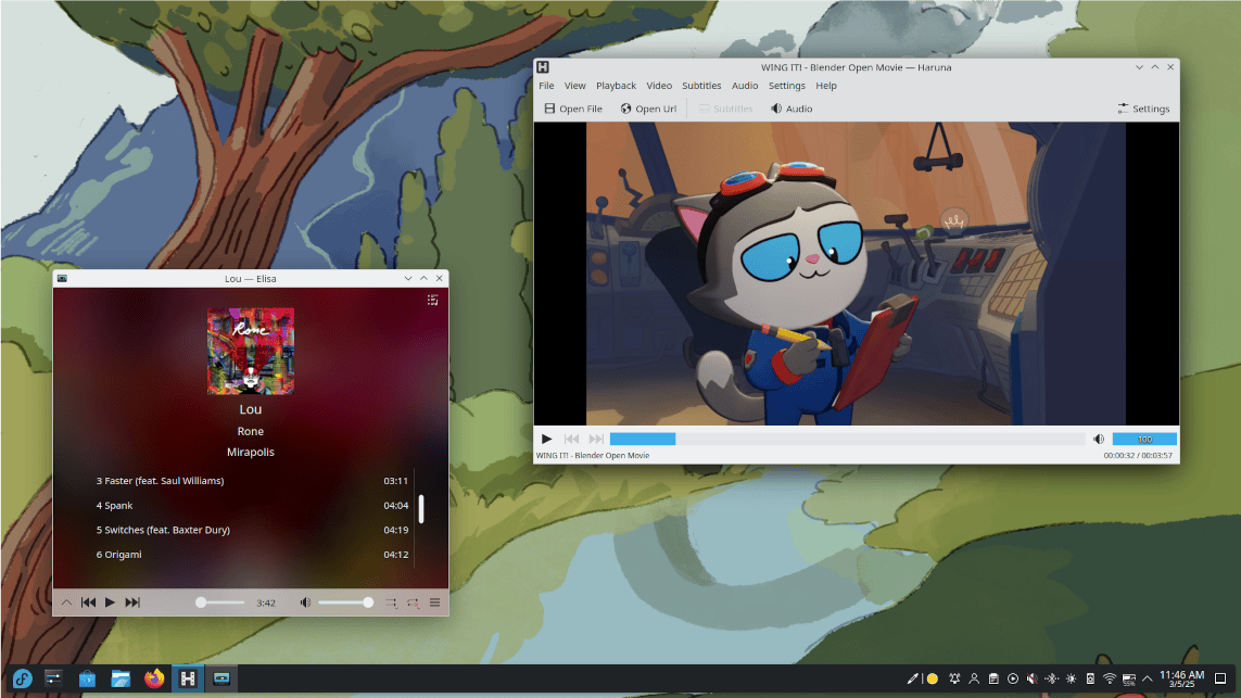 몇 개의 애플리케이션을 실행하고 있는 Plasma